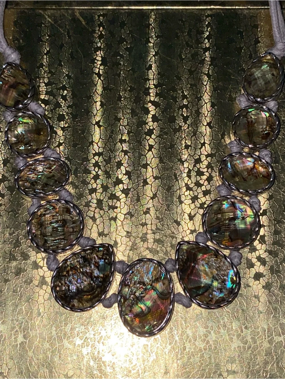 Abalone Shell Statement Necklace - Iridescent Green, Blue & Silver Corded